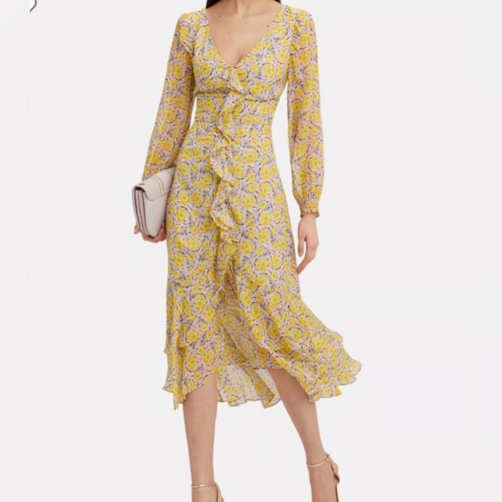 Intermix Silk Floral Yellow Long Sleeve Midi Dress